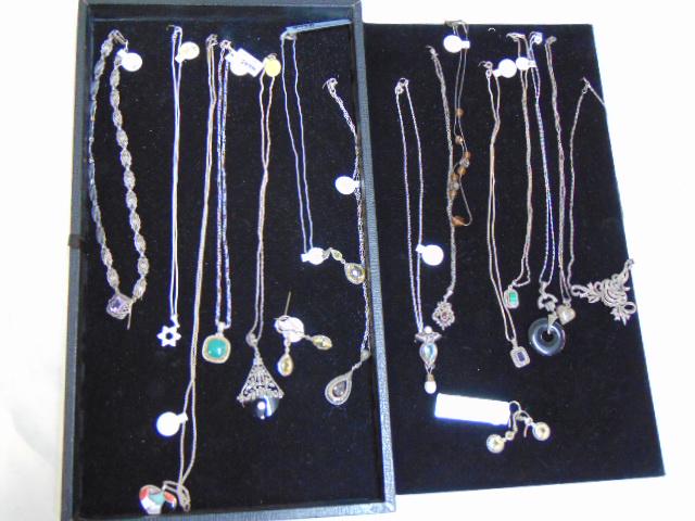 Jewelry. (15) sterling necklaces & 2 pairs of earring,: Jewelry. (15) sterling necklaces & 2 pairs of earring, marcasite & various stones black onyx; malachite; amethyst; etc.