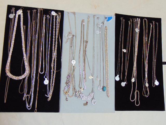 Jewelry. (37) sterling necklaces box chain, byzantine,: Jewelry. (37) sterling necklaces box chain, byzantine, link, etc.. a few necklaces have stones