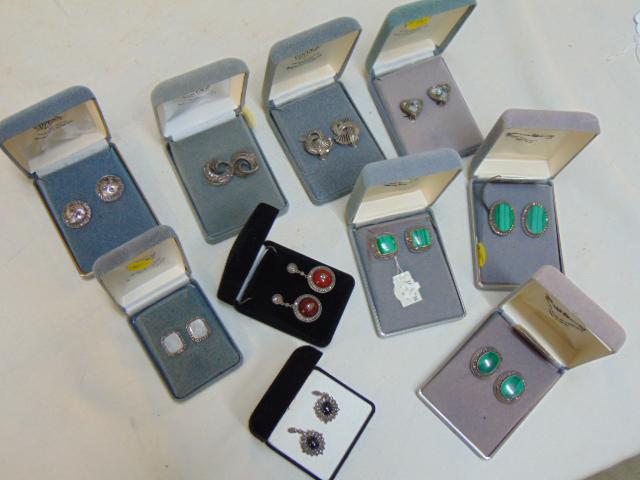 Jewelry. (10) Sterling pairs of earrings, marcasite and: Jewelry. (10) Sterling pairs of earrings, marcasite and various stones, carnelian; black onyx, etc..