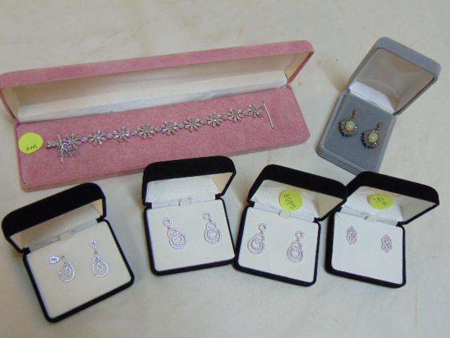 Jewelry. Sterling lot (5) pairs of earrings & (1): Jewelry. Sterling lot (5) pairs of earrings & (1) marcasite bracelet