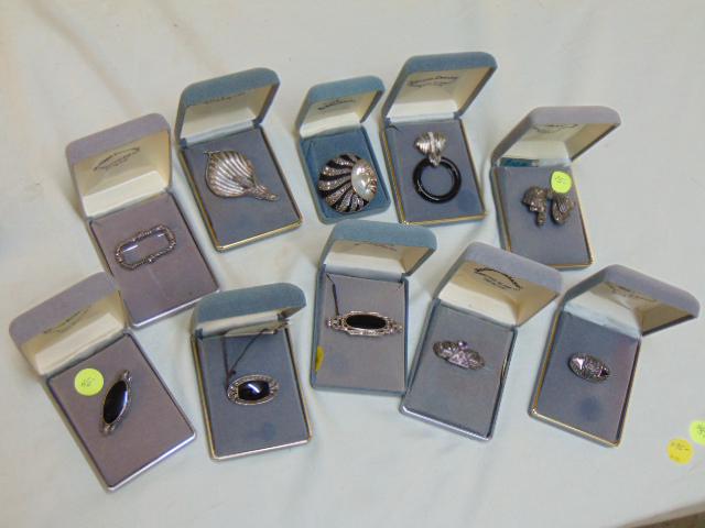Jewelry. (10) Sterling pins marcasite & black onyx,: Jewelry. (10) Sterling pins marcasite & black onyx, moon face, bar pins, etc..