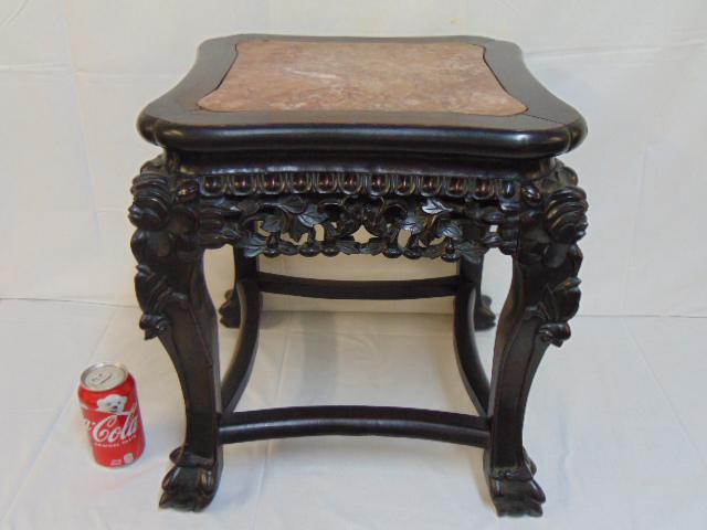 Chinese carved marble top plant stand, carved ebony: Chinese carved marble top plant stand, carved ebony base square plant stand with marble top, claw feet, top is 16.25" by 16.25", height is 18"