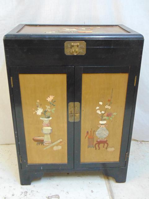 Chinese silver cabinet, hard stone decorated, paint: Chinese silver cabinet, hard stone decorated, paint decorated Chinese chest or cabinet, lift top with fitted flatware, & drawer base with silverware inserts, cabinet is 26" by 16", height is 36"