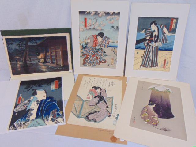 Lot Japanese woodblock prints, 6 prints including: Lot Japanese woodblock prints, 6 prints including nocturnal street scene with houses by Tsuchiya Koitsu, 10.25" by 15.5";Samurai, signed (Japanese), 13.75" by 9.5"; woman leaning against bamboo screen