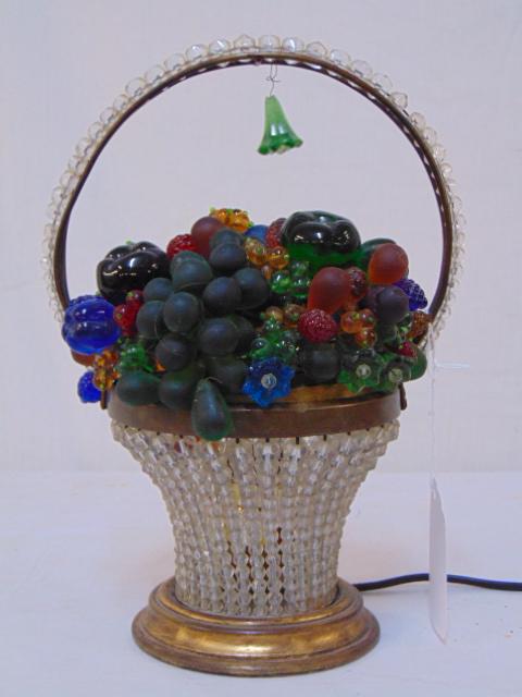 Czech art glass fruit basket lamp, various glass: Czech art glass fruit basket lamp, various glass fruits, grapes, berries etc. in beaded crystal lined basket base, lamp is 10.75" tall (to top handle)