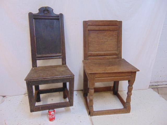 Two 18th Century English chairs, simple design, one: Two 18th Century English chairs, simple design, one chair has two front bottom legs missing, stretcher bases