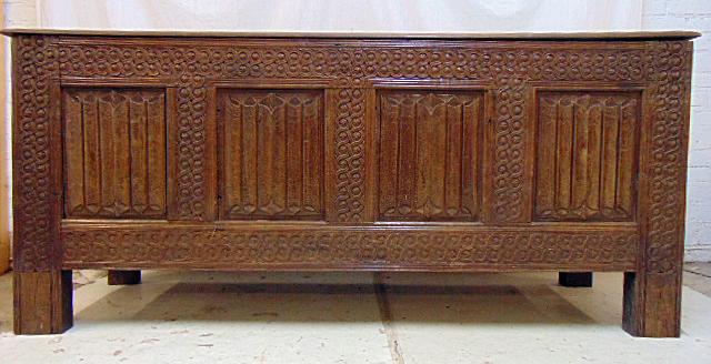 Raised linenfold panel English chest, 18th Century,: Raised linenfold panel English chest, 18th Century, lift top, carved detail, exceptional example of linenfold carved furniture, chest is 67.5" by 21.75", height is 30.25", one back panel is loose, hin