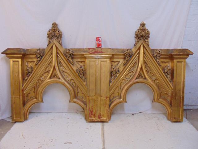 Large gilt wood Gothic revival carving, (church ?) two: Large gilt wood Gothic revival carving, (church ?) two gilt wood spires, French lily decorations, , Gothic detail, carving is 84" long, 46.5" tall