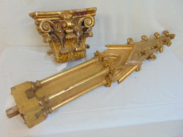 2 gilt Gothic carvings, capitol & spire, gilt capitol,: 2 gilt Gothic carvings, capitol & spire, gilt capitol, gesso & wood, chipped, spire is 44.25" tall.