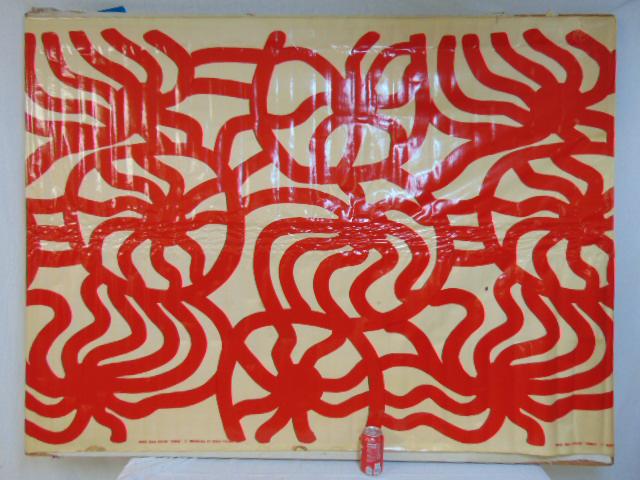 Marimekko Joonas, design by Maija Isola, red & white on: Marimekko Joonas, design by Maija Isola, red & white on linen, table cloth, Suomi, Finland 1964, panel is 50" by 72", wrinkled, vinyl like fabric with linen back, small (burn ?) mark in center.