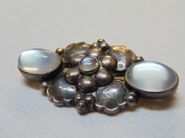 Georg Jensen sterling silver brooch, decorated with: Georg Jensen sterling silver brooch, decorated with moonstones 1.75" by 1", Danish jewelry, pin, sterling silver
