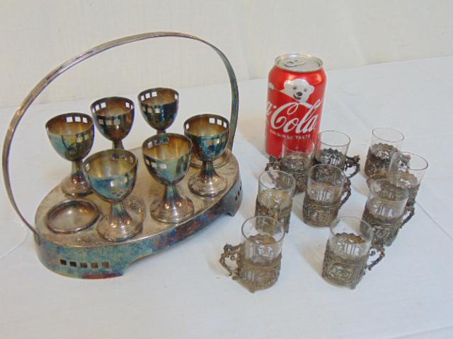Silver plate egg stand & cordials, 6 egg cups on base: Silver plate egg stand & cordials, 6 egg cups on base with handle & 9 small silver plated cordials with etched glass inserts