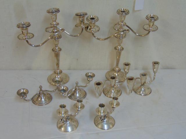 4 pair sterling silver candelabra, weighted bases, 3: 4 pair sterling silver candelabra, weighted bases, 3 low & 2 tall, tall pair is "as is"