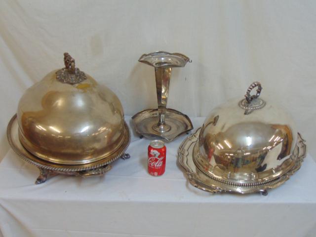 Silver-plate domes, meat platters & vase, two very: Silver-plate domes, meat platters & vase, two very large silver plated domes on large plated meat or turkey serving plates, also includes a silver plated trumpet vase.