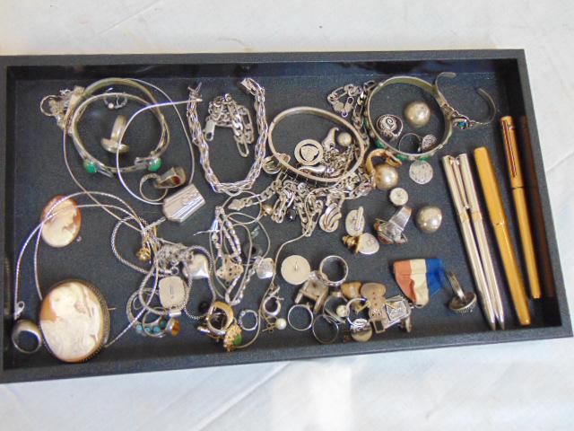 Lot sterling silver jewelry, pens, cameo pin, includes: Lot sterling silver jewelry, pens, cameo pin, includes Dunhill pen, 2 sterling Tiffany pens with 14K bands, bracelets, earrings etc.