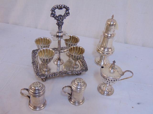 Antique silver lot, 2 Georgian shakers & sp sugar with: Antique silver lot, 2 Georgian shakers & sp sugar with cobalt glass insert, large shaker & egg cup holder with handle