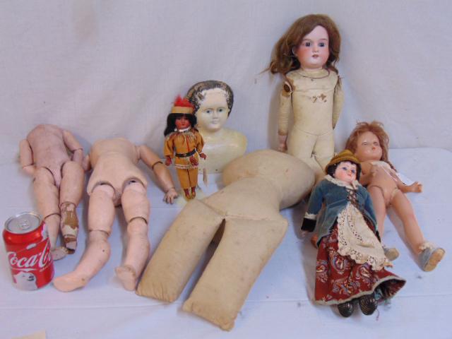 Vintage doll lot, Greiner papier mache head, bisque: Vintage doll lot, Greiner papier mache head, bisque doll with leather body, 3 composite dolls (2 no heads), large cloth body, German bisque & composition Indian doll & small composite doll with vintag