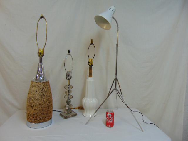 4 mid Century lamps, Lucite lamp, white ceramic & wood: 4 mid Century lamps, Lucite lamp, white ceramic & wood lamp, Cork & metal lamp & folding spotlight desk / floor lamp.