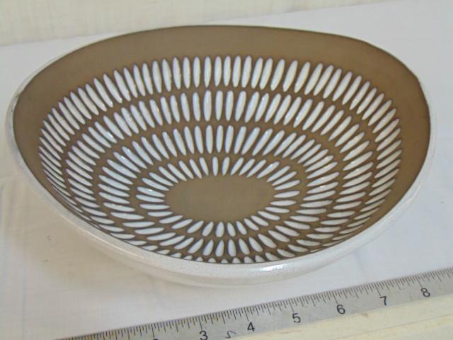 Mid Century decorative ceramic bowl, markings on: Mid Century decorative ceramic bowl, markings on bottom, appears Scandinavian, bowl is 9.5" by 8.75", height is 3.25", in good condition.