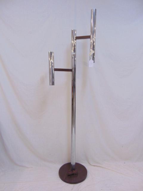 Mid Century chrome floor lamp, three extensions on: Mid Century chrome floor lamp, three extensions on single pole, one arm is loose, height is 67", two porcelain sockets are broken