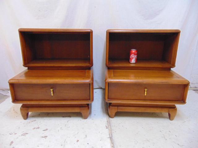 Pair Kent Coffey step back nightstands, MCM single: Pair Kent Coffey step back nightstands, MCM single drawer night stands with open tops, each stand is 24" by 22", height is 27.75"