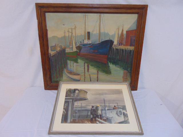 Nautical, marine art, oil signed Drew & print by: Nautical, marine art, oil signed Drew & print by Mitchell Jamieson. Oil on canvas showing several docked boats, signed E.S. Drew, 1937. 25" by 30" & print, "Gray Morning", by LT. (jg) Mitchell Jamieso