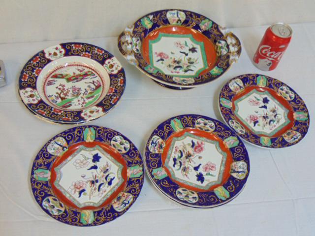 Ironstone plates & bowl, Asian style, Mason & other, 4: Ironstone plates & bowl, Asian style, Mason & other, 4 matching 8.5" plates, 2 deep plates & footed dish or bowl
