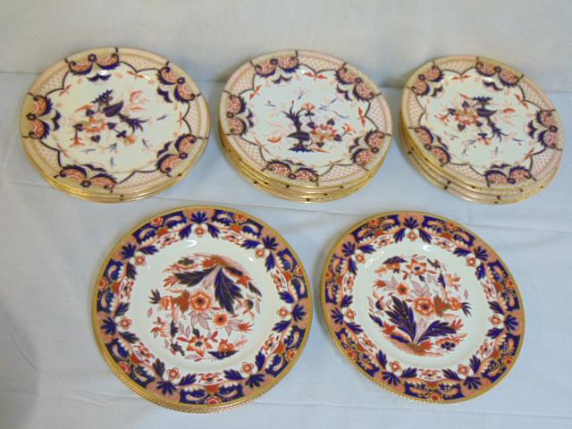 2 sets of Imari type china, Booths Silicon China &: 2 sets of Imari type china, Booths Silicon China & Spode type plates, 5 Booths plates, "Rajah", floral decorated with gilt detail, 10.5" & 12 unmarked plates 9 7/8"