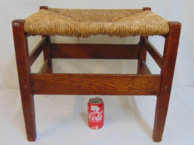 Gustav Stickley rush seat footstool, top is 19.5" by: Gustav Stickley rush seat footstool, top is 19.5" by 15.5", height is 17.5"