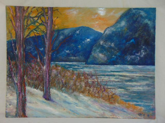 Painting, Milton Lunin, "View of Storm King", oil on: Painting, Milton Lunin, "View of Storm King", oil on masonite, dated 1981, 30" by 40"