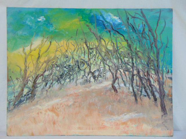 painting, "Winter Calligraphy", Milton Lunin, painted: painting, "Winter Calligraphy", Milton Lunin, painted on masonite, 1949, 28" by 36"