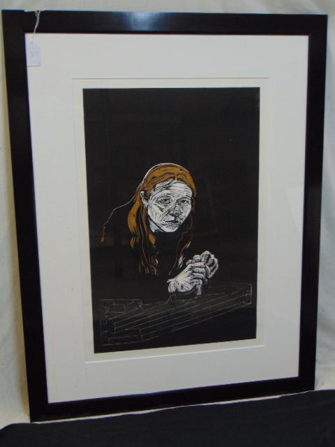 Woodcut, self portrait, Claire de la Cova, "Myself: Woodcut, self portrait, Claire de la Cova, "Myself Working", hand colored woodcut print (?) 1999, 34" by 22.5" (art only).