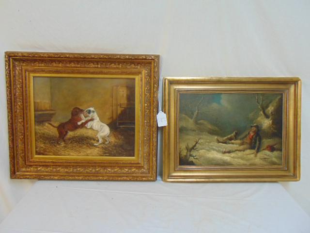 2 paintings, George Morland & H. Reville (?), oil on: 2 paintings, George Morland & H. Reville (?), oil on canvas, Morland scene shows drifter in snow with dog, signed lower left, oil on canvas, 15" by 21.75"; H. Reville oil (unsure about artist name) sh