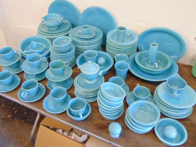 large set blue Fiesta ware, cups, dinner plates, salad: large set blue Fiesta ware, cups, dinner plates, salad plates, bowls, cups and saucers, salt & pepper, finger bowls, platters & more
