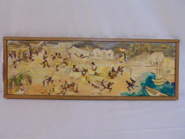 Painting, tribal, Tahitian, Uta von Bern, oil on: Painting, tribal, Tahitian, Uta von Bern, oil on canvas, showing various figures dancing on beach, with huts, boats, canvas is 8" by 25"