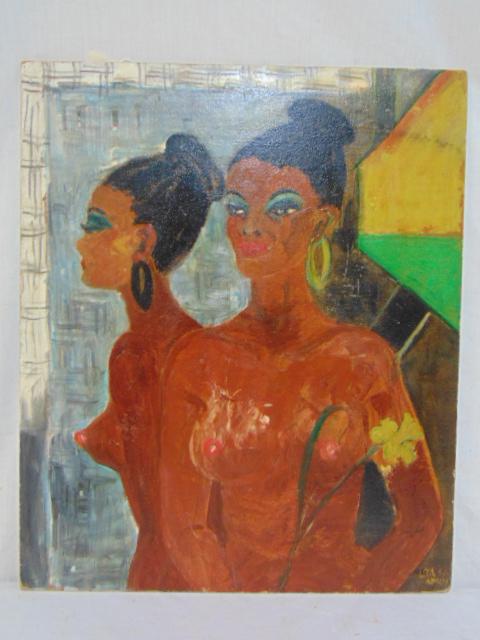 Painting, nude with daffodil, Uta von Bern, lady: Painting, nude with daffodil, Uta von Bern, lady standing in front of mirror, showing reflection, signed, dated 1956, painted on masonite, 23.75" by 20"