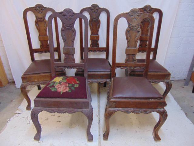 Set of 5 antique side chairs, carved frames, one has: Set of 5 antique side chairs, carved frames, one has needlepoint seat, each chair is 18.5" by 15.5" (seat), height is 45.25"