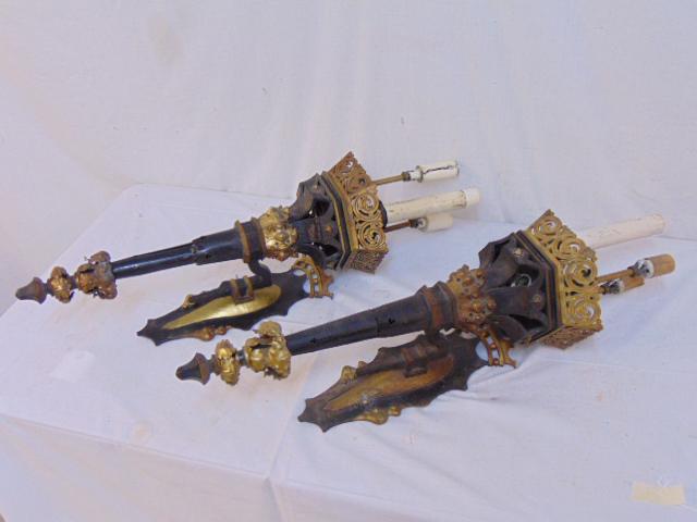 Pair wall sconces / lanterns, iron with gilt: Pair wall sconces / lanterns, iron with gilt decoration, sconces are 21.5" excluding sockets (bases only).