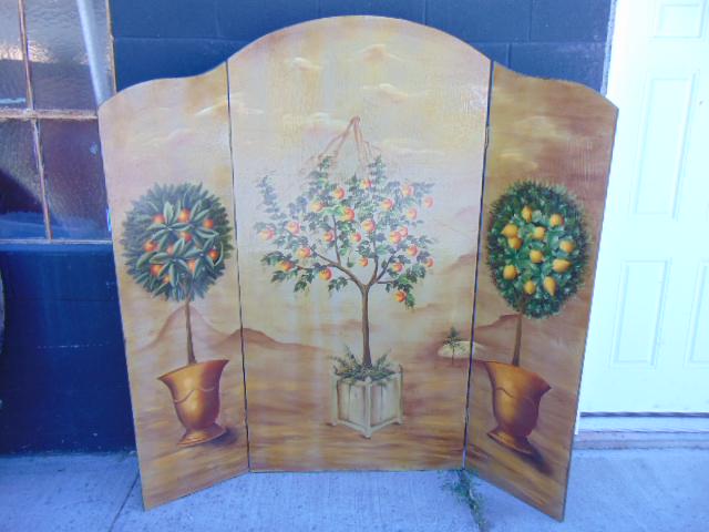 3 panel screen, paint decorated with fruit trees, each: 3 panel screen, paint decorated with fruit trees, each panel has fruit tree, orange, lemon & peach, screen is 69.5" wide, height is 71"