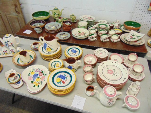 Large collection of Stangl pottery, several sets: Huge lot of Stangl pottery dinnerware, includes 5 different sets, including a pink floral on white set consisting of 11 plates, tea pot, cups & saucers, creamer & sugar plus more; White set with fruit