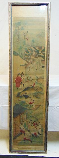 Chinese scroll, painting, various figures, calligraphy,: Chinese scroll, painting, various figures, calligraphy, 56.5" by 13.5"