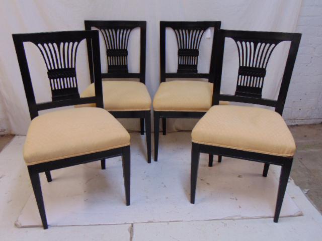 Set 4 Biedermeier chairs in black paint, upholstered: Set 4 Biedermeier chairs in black paint, upholstered seats, each chair is 17" by 19", height is 36"
