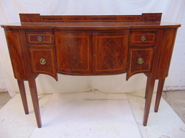Inlaid custom mahogany sideboard, server, Hepplewhite: Inlaid custom mahogany sideboard, server, Hepplewhite style server with interior silverware drawers & inlaid detail, cabinet is 60.25" by 23.25", height is 40.75"