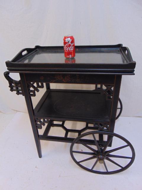 Chinoiserie tea cart, various carved & paint decorated: Chinoiserie tea cart, various carved & paint decorated figures, top has removable glass top tray, handle has been repaired, glued, cart is 25" by 17", height is 30.5"