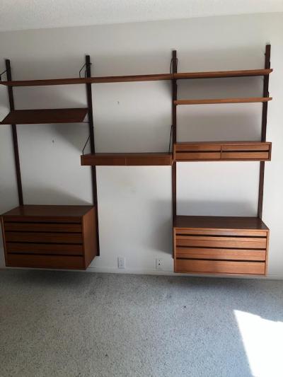 MCM wall unit, 3 multi drawer units, plus double drawer: MCM wall unit, 3 multi drawer units, plus double drawer desk unit,5 shelves, 4 rails, each rail is 78", width of individual components is 31.5"