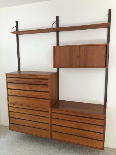 Multi drawer wall unit, MCM, 4 multi drawer units, 4: Multi drawer wall unit, MCM, 4 multi drawer units, 4 shelves, 3 rails, each rail is 78", cabinets, shelves are 31.5" wide.