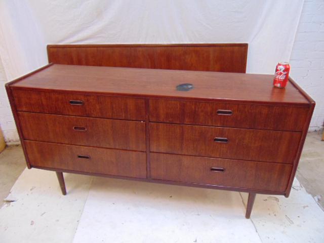 Mid Century Rosewood chest, nightstands & headboard,: Mid Century Rosewood chest, nightstands & headboard, double wide 3 by 3 chest, bad burn damage to top, comes with headboard, cabinet is 59.75" by 18", height is 31", headboard is 61.5" wide, 33.75" ta