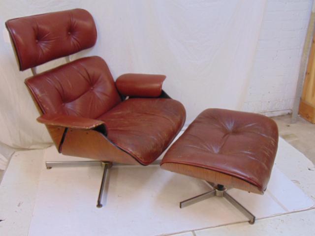Plycraft style chair & ottoman, MCM chair, rosewood: Plycraft style chair & ottoman, MCM chair, rosewood shell, red leather, leather worn in places.