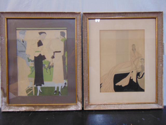 Pair paintings, John Liello, Erte, Icart style scenes: Pair paintings, John Liello, Erte, Icart style scenes with various figures, 15.75" by 11.5" & 14.25" by 10.25", frames & backs show water damage, art seems ok, needs to be reframed.