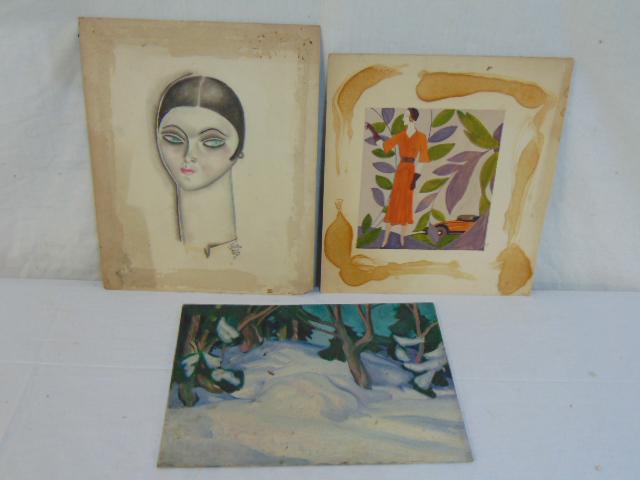 Art lot, John Liello, 3 paintings, includes portrait of: Art lot, John Liello, 3 paintings, includes portrait of a young lady, signed J. Liello, Paris 1927 (17" by 13.5"); woman in red coat & car, unsigned, 15.5" by 13.75" (total size) & trees in winter, oi
